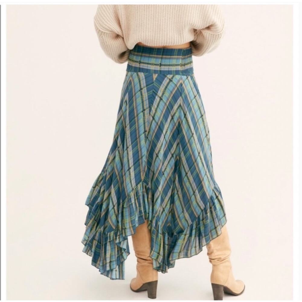 Free People Gabrielle Blue Plaid Ruffle Hem Maxi Skirt NWT Size L Boho - Picture 2 of 15
